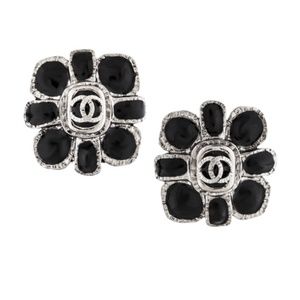 Chanel Black & Gunmetal Gripoix CC Logo Stud Earrings